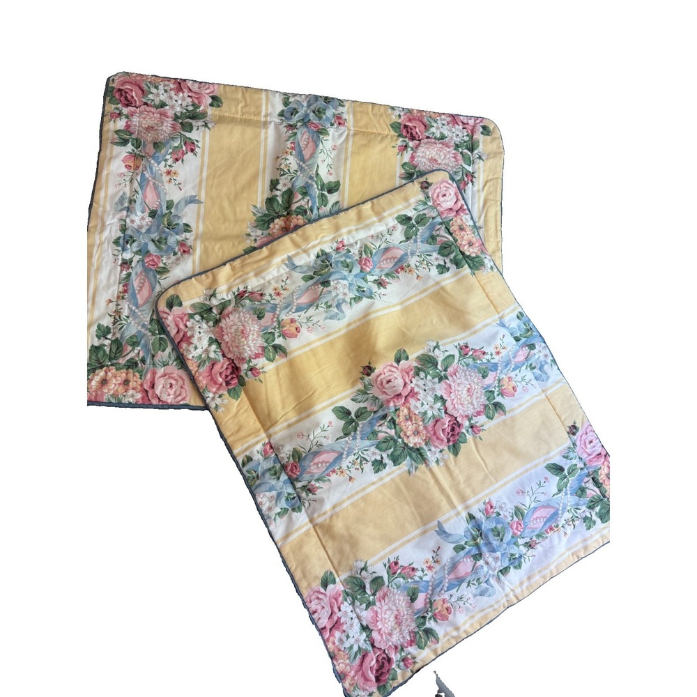 VTG  Croscill Yellow Floral Stripe Pearls Pillow Shams standard set 2 31 X 24